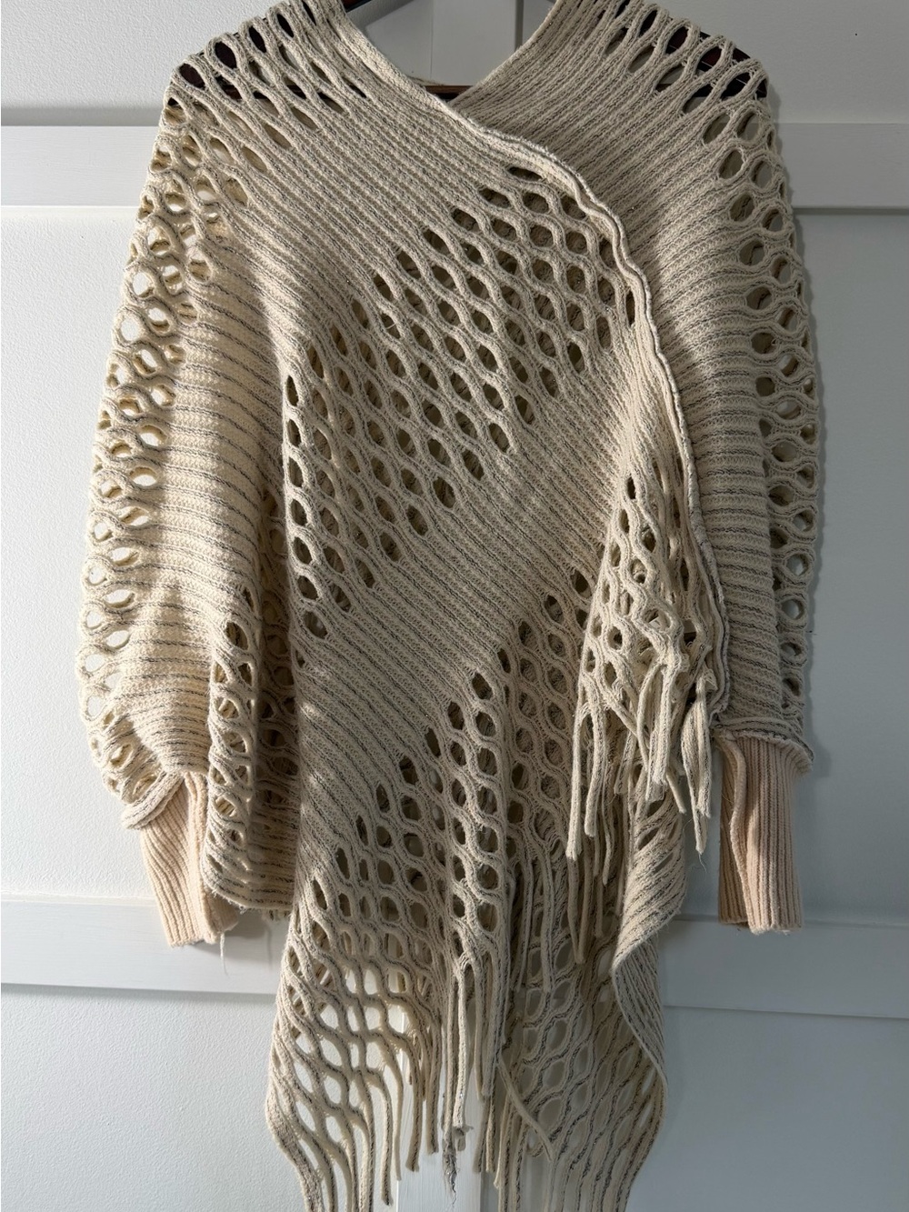 Jera Beige Open-Weave Fringe Poncho Sweater